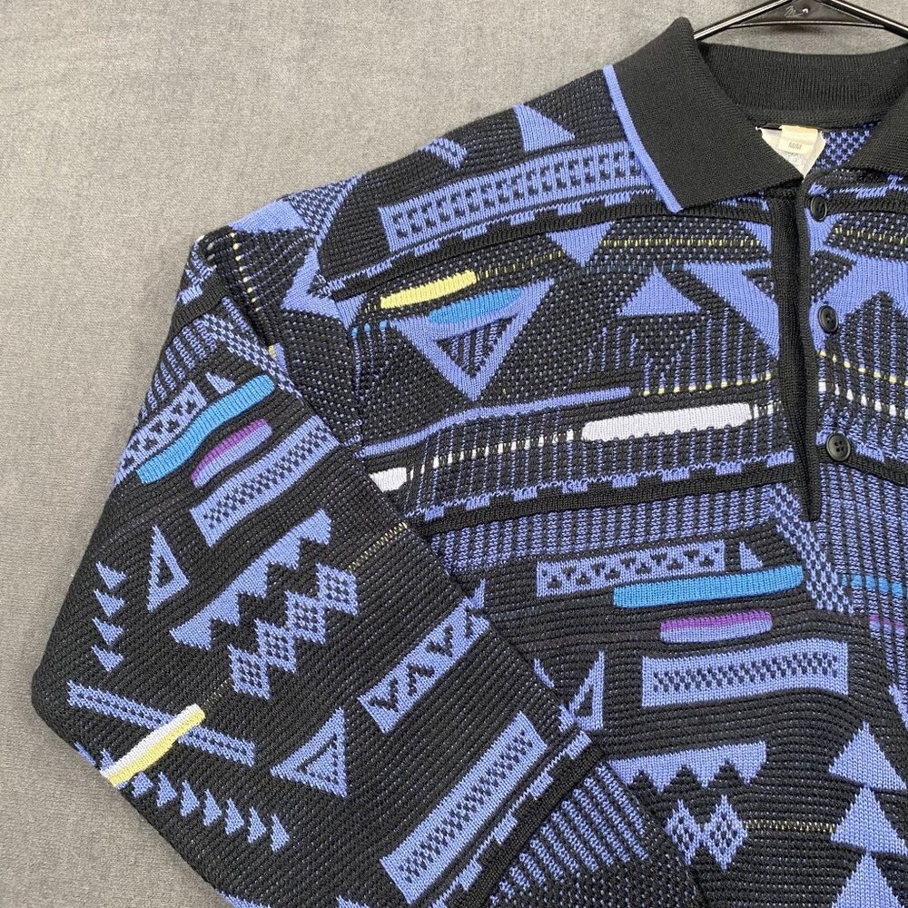 Vintage Descente Pullover Sweater Mens Medium Black & Blue Geometric Wool Blend - Picture 9 of 12